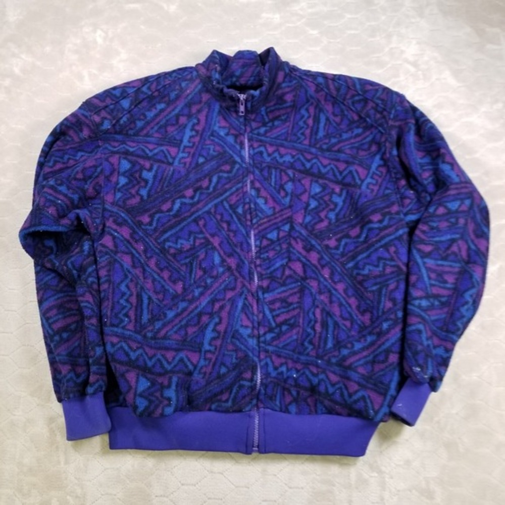 VTG Cindy Roberts Seattle Geometric Aztec Purple Blue Fleece Jacket Sz S‎ 90s